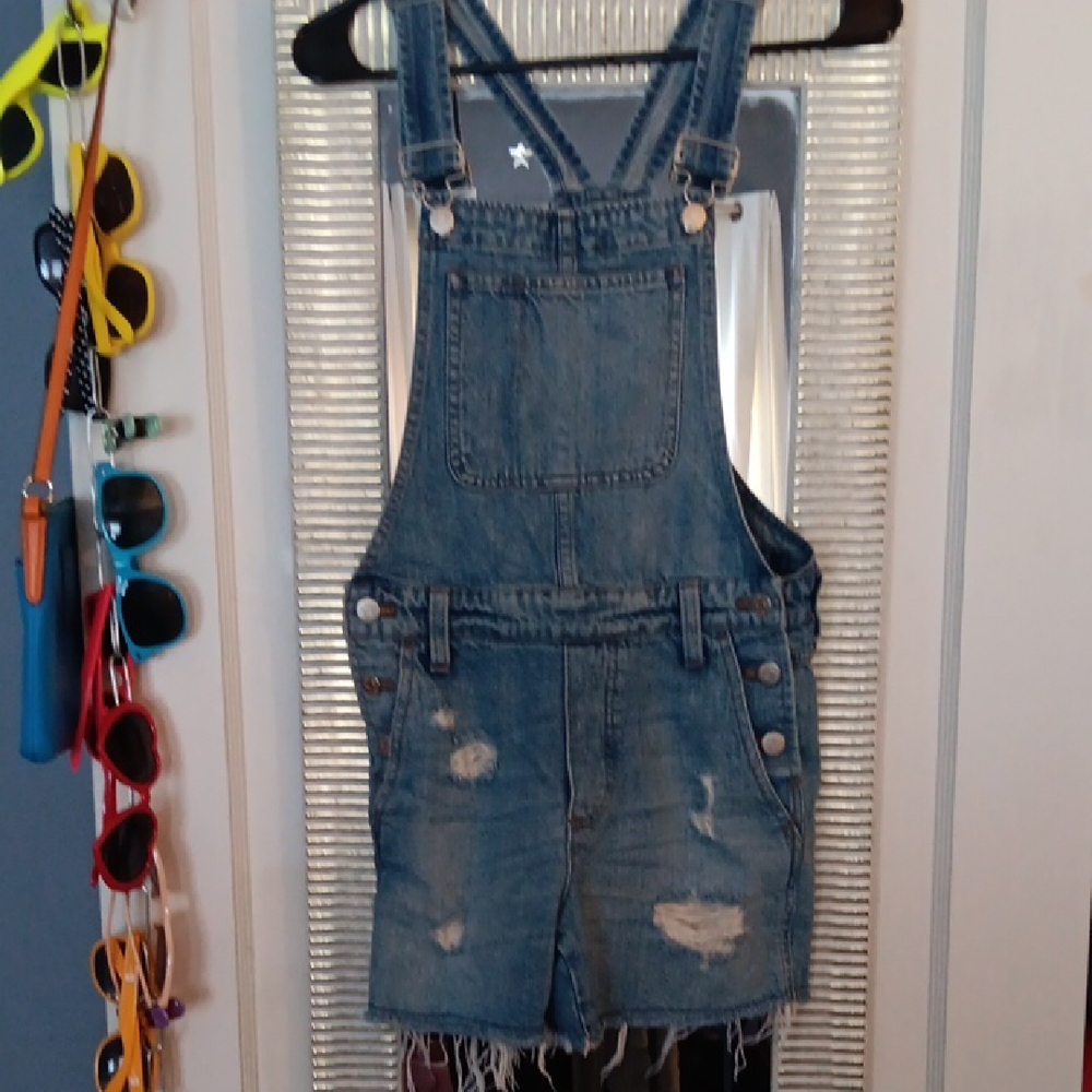 Madewell Distressed Blue Denim Short Overalls